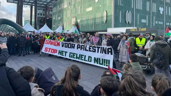 Hundreds of people at pro Palestine demonstration